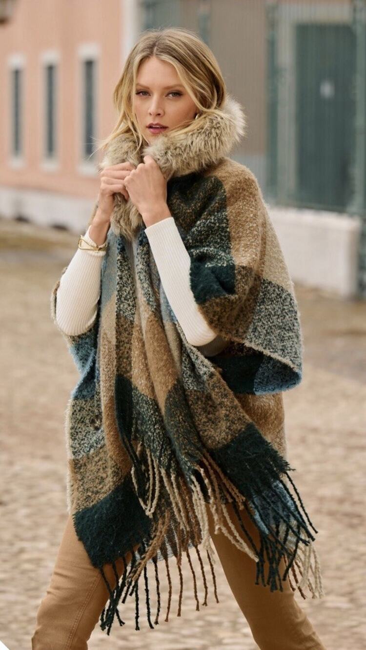 Boston Proper Faux Fur Detachable Collar Patchwork Cape Poncho OSFM Multicolor